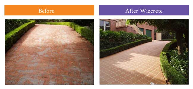 faded red brick walkway with bushes and A new concrete driveway made by Wizcrete