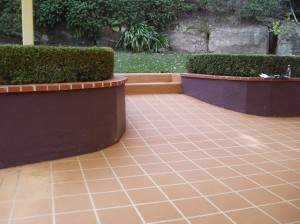 a patio with plants and bushes
