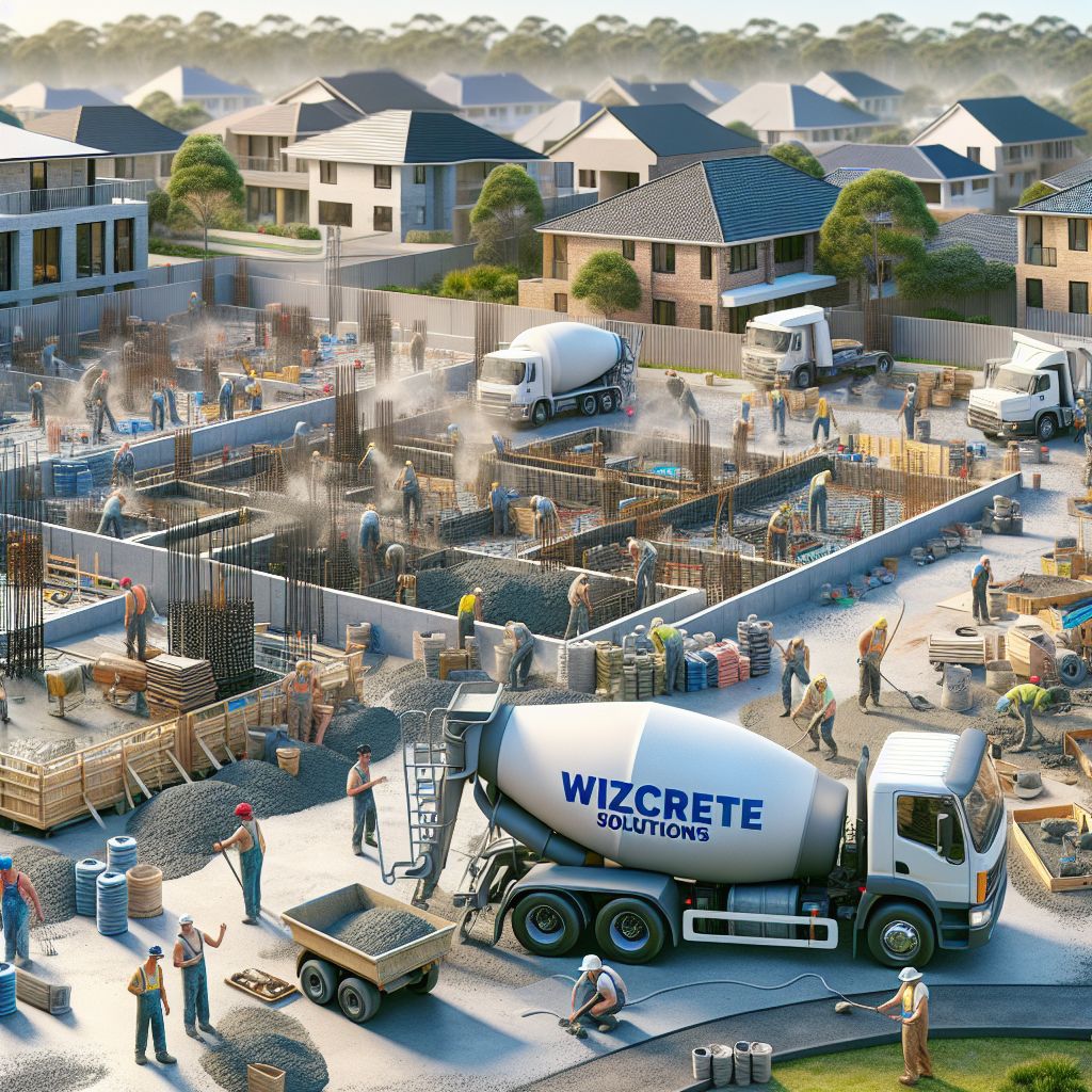 a construction site with workers and concrete mixers